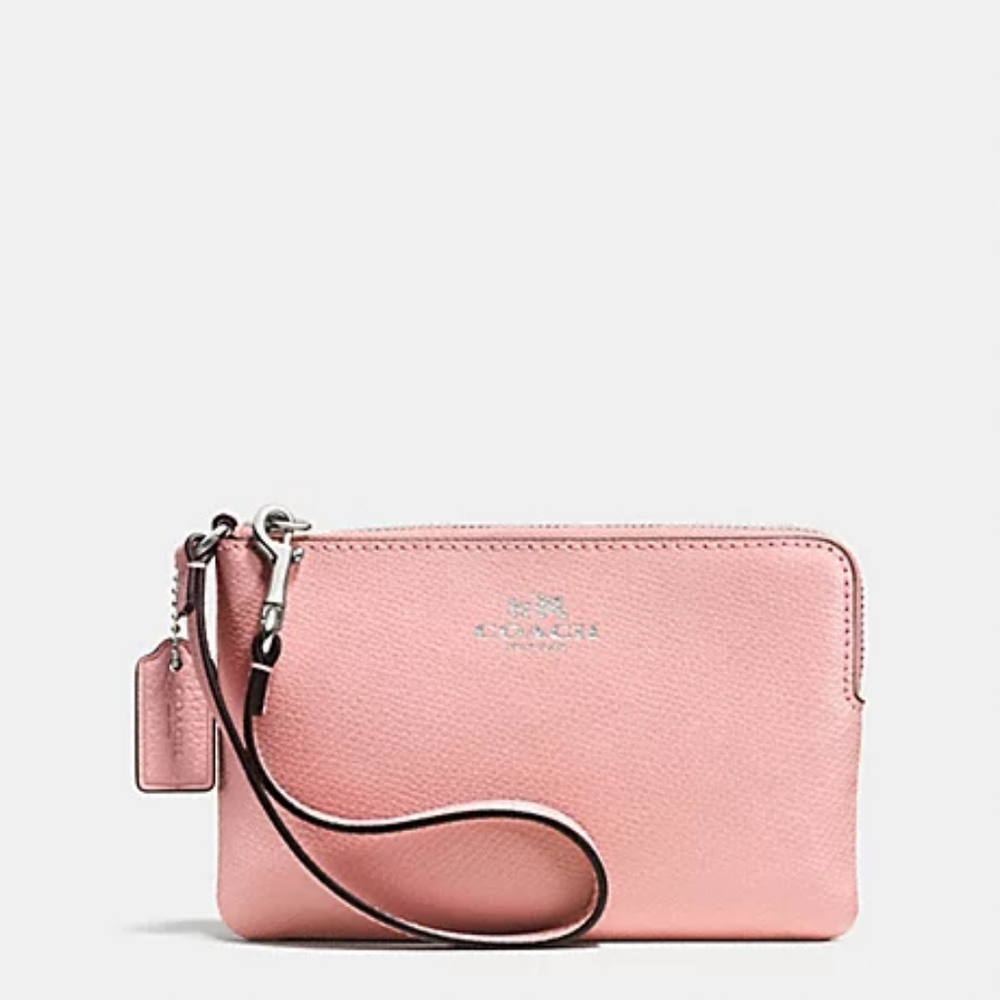 COACH F53429 Corner Zip Wristlet In Crossgrain Leather  Silver / Blush